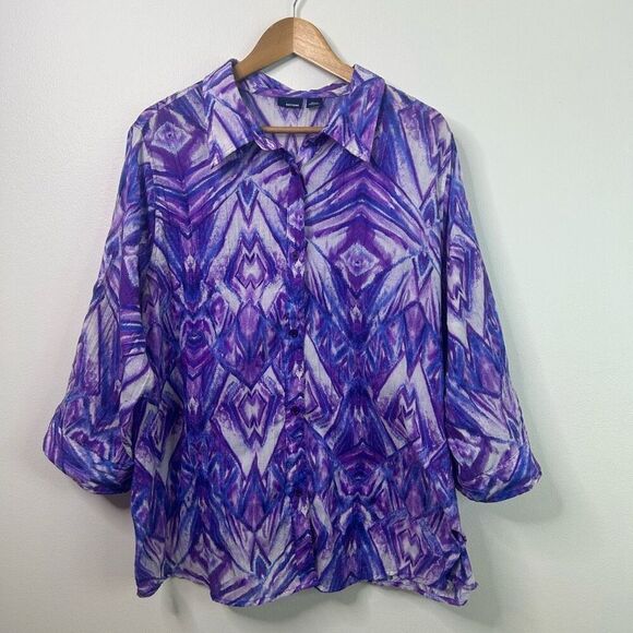 Basic Editions Purple Button Front Women’s 2X Geometric Print Lightweight Top - Picture 1 of 11